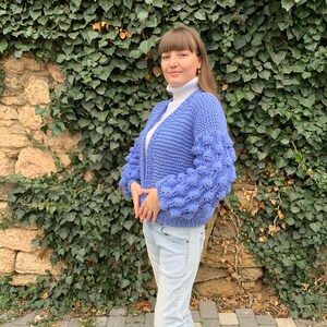 Chunky knit cardigan, Oversized cardigan, Wool cardigan, Cable knit cardigan, Blue Christmas sweater, Plus size cardigan image 3