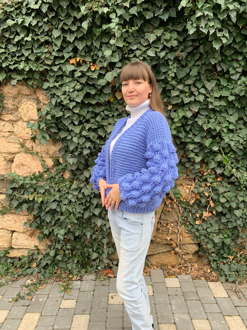 Chunky knit cardigan, Oversized cardigan, Wool cardigan, Cable knit cardigan, Blue Christmas sweater, Plus size cardigan image 3