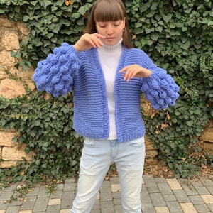 Chunky knit cardigan, Oversized cardigan, Wool cardigan, Cable knit cardigan, Blue Christmas sweater, Plus size cardigan image 2