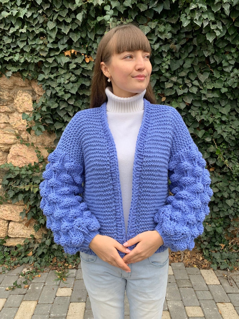 Chunky knit cardigan, Oversized cardigan, Wool cardigan, Cable knit cardigan, Blue Christmas sweater, Plus size cardigan image 1