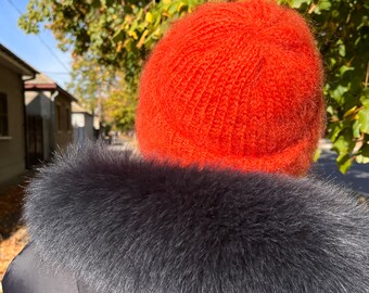 Mohair Beanie, Chunky Mohair Hat, Oversized Beanie, Orange Knit