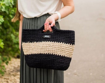 Striped Crochet Tote Bag: Handmade Knit Boho Purse