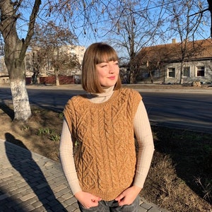 Sweater vest, Knit vest wool, Aran sweater, Handmade vests women, Knitted waistcoat, Cropped pullover, image 8