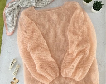 Mohair sweater, Oversized sweater, Hand-knitted sweater, Sheer mohair sweater, Chunky knit sweater, Cable knit sweater
