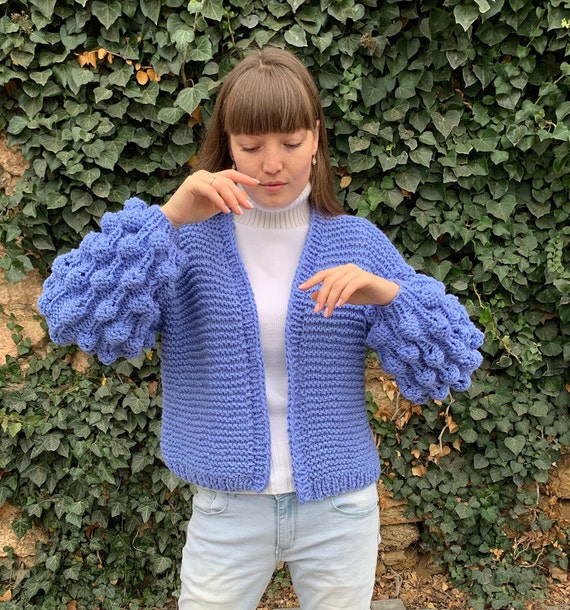 Cable Knit Wool Cardigan: Oversized Open Sweater With Bubble