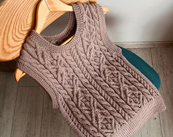 Strickweste für Damen, ärmelloser Pullover, Merinowollweste, Zopfmusterweste für Damen, Strickweste für Herren, kuscheliger ärmelloser Pullover, Strickwaren aus Wolle, Merinowollweste
