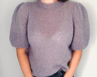 Mohair knit sweater, Chunky knit sweater women, Cable knit sweater vest, Alpaca wool sweater, Wool sweater for her, Half slevee sweater