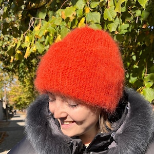 Mohair beanie, Chunky mohair hat, Oversized beanie, Orange knit hat, Crochet hat for women, Balaclava knit hat, Fuzzy wool hat