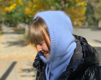 Handmade Angora Balaclava Hood: Fluffy Knitted Cowl Scarf
