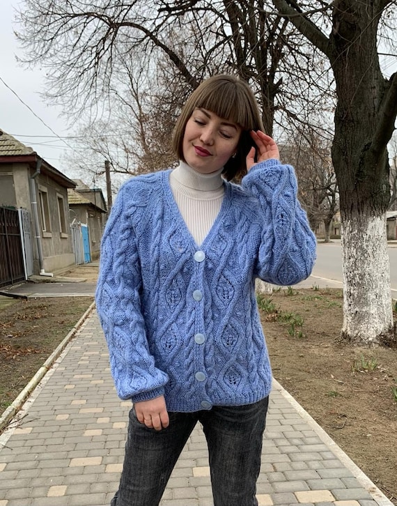 Hand Knitted Merino Wool Cable Knit Cardigan: Oversized Vintage
