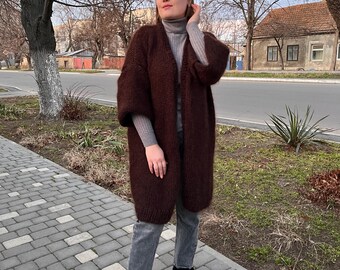 Gestrickte Mohair-Strickjacke, Boho-Strickjacke, Strickaccessoires, Mohair-Pullover, Chunky-Strickjacke, Wolllanger Mantel