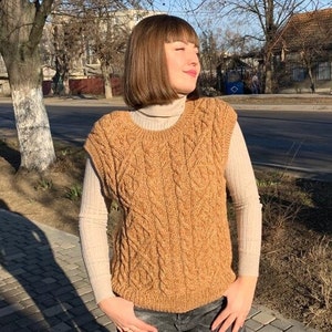 Sweater vest, Knit vest wool, Aran sweater, Handmade vests women, Knitted waistcoat, Cropped pullover, image 1