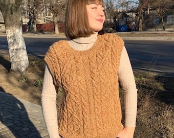 Sweater vest, Knit vest wool, Aran sweater, Handmade vests women, Knitted waistcoat, Cropped pullover,