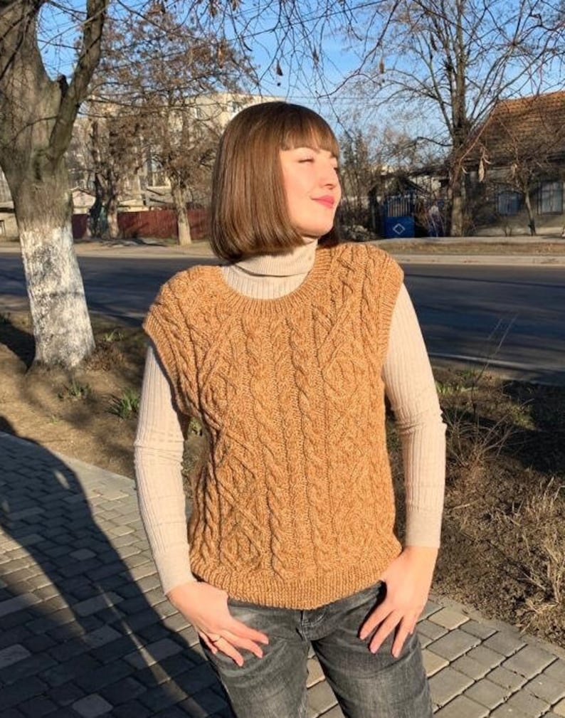 Sweater vest, Knit vest wool, Aran sweater, Handmade vests women, Knitted waistcoat, Cropped pullover, image 1