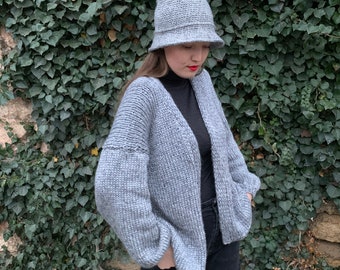 Knit cardigan, Long cardigan, Bucket hat, Oversized cardigan, Open cardigan, Wool cardigan women, Set cardigan