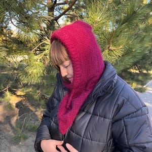 Balaclava knit, Merino wool hat, Knitted hood hat, Knit cowl hood, Cable knit hat, Burgundy balaclava, Knit winter helmet, Chunky balaclava