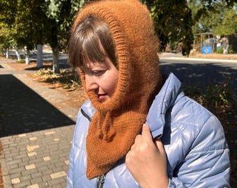 Knit angora hood, Balaclava hood, Chinky knit balaclava, Cowl hood, Beanie hat, Woman balaclava, Wool soft hood, Bronze balaclava, Knit hat