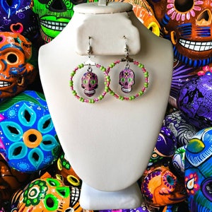 Hoop earrings, skull and spider earrings, Halloween, turquoise earrings, sugar skulls
