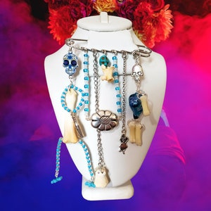 Handmade Safety Pin Brooch: Sugar Skull, Bones, Halloween Jewelry