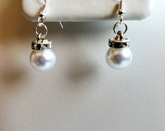 Classic pearl earrings, faux pearl earrings, pearl and rhinestone earrings, wedding