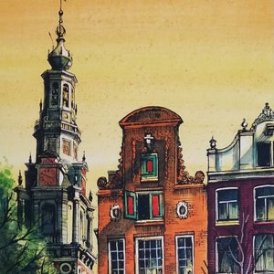 Vintage Tekening Amsterdam Zuiderkerk  Amsterdam in de ochtend Aquarel tekening