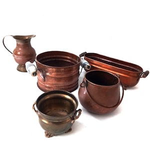 Macetas antiguas de cobre rojo, jardineras, macetas y jarras artesanales, cobre rojo, macetas holandesas antiguas, macetas, Países Bajos, 1920