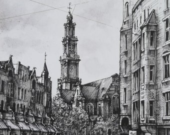 Vintage Graphic drawing of Amsterdam Amsterdam center Westerkerk drawing Westermarkt Prinsengracht From the 90s.