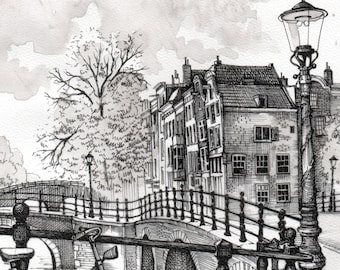 Vintage Drawing Amsterdam Graphic work Watercolor Netherlands
