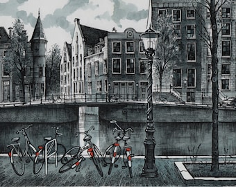 Grafische werk Amsterdam Herengracht Aquarel tekening Vintage tekening 26 cm x 19 cm Nederland