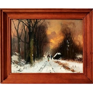 Vintage Oil Painting Plein Air Painting Signed Winter Sunset Painting Snow Dutch Art Nature Landscape Netherlands 1960