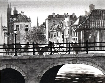 Vintage tekening  Amsterdam Cafe Brug Gracht Grafisch werk Waterverf tekening Nederland