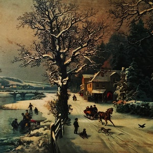 Alter Druck GROSS 42 cm x 31 cm Weihnachtsszene Winterabend Schneebrücke Weihnachten Eislaufen 1920