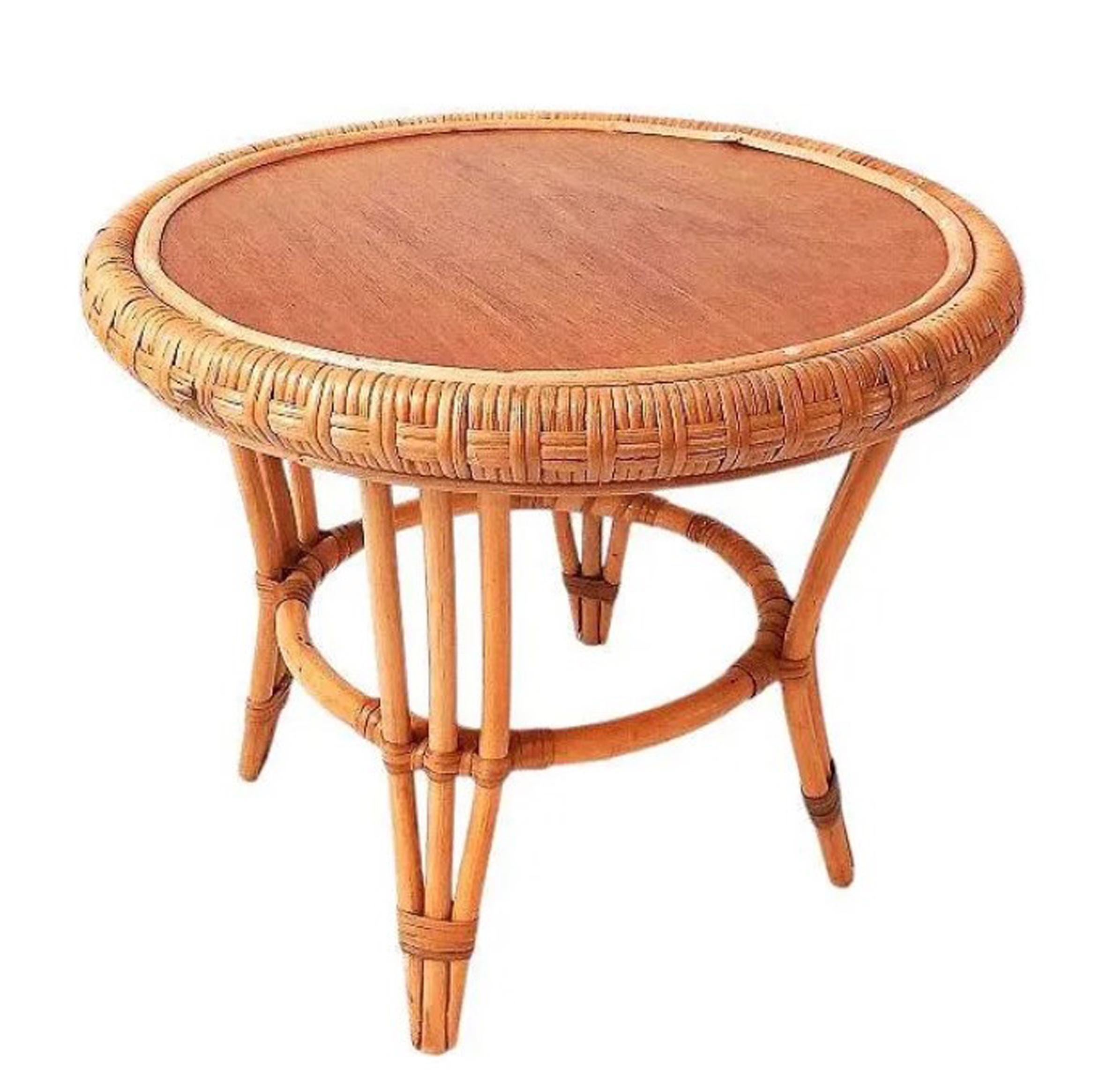 Vintage Wicker and Bamboo Side Table Round Rattan Coffee
