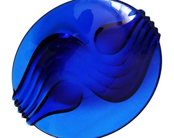 Art Deco Style Cobalt Blue Bowl LARGE Vintage Design Glass Plate Rare Item Collectible Modernism Blue Plate ARCOROC France 1970