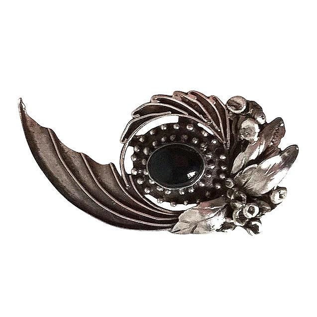 Vintage Silver Brooch BLACK EYE / STONE Jewelry 1960