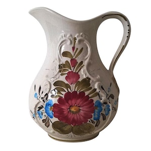 Vintage Hand Painted Jug Vase Ceramic Decorative Jug Jug with Flower Ornament Belgium 1950