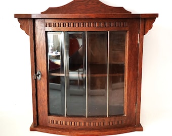 Antique Hanging Cabinet Oak Cabinet Decorative Old Wall Cabinet with Cut Glass Door Wall Display Cabinet Netherlands 1900