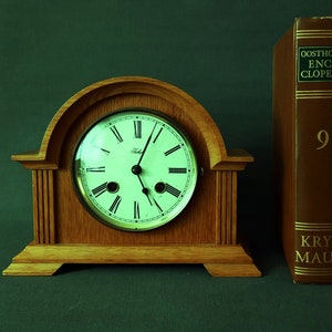 Vintage Table Clock Classic design Wooden clock Roman numerals Oak Cabinet clock Wind-up Clock Retro clock Netherlands West Germany 1960