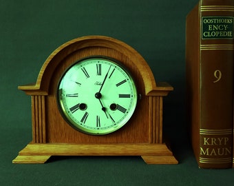 Vintage Table Clock Classic design Wooden clock Roman numerals Oak Cabinet clock Wind-up Clock Retro clock Netherlands West Germany 1960