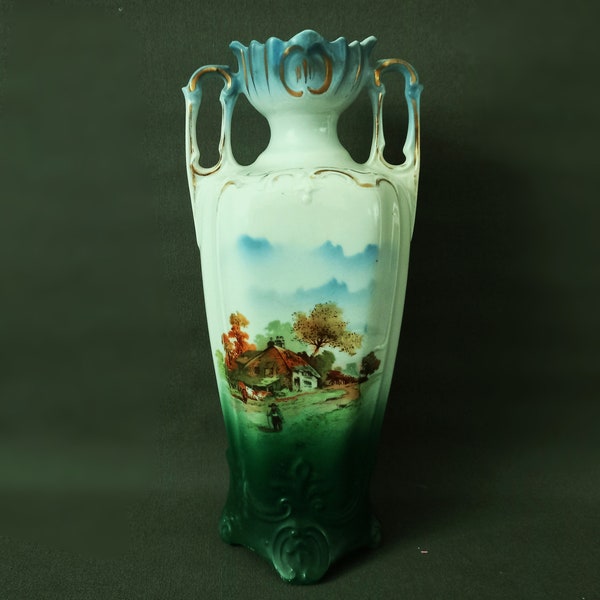 Vaso antico in porcellana Vaso AMPHORA Elementi in stile Art Nouveau Con paesaggio pastorale Vaso Numerato Decorativo in ceramica Belgio 1920