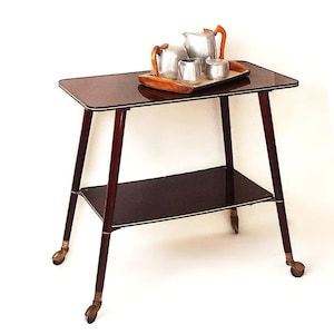Vintage Scandinavisch stijl Serveerwagen Wielen Bijzettafel Retro Salontafel Lak Houten tafel  Gouden rand Barwagen Nederland 1950