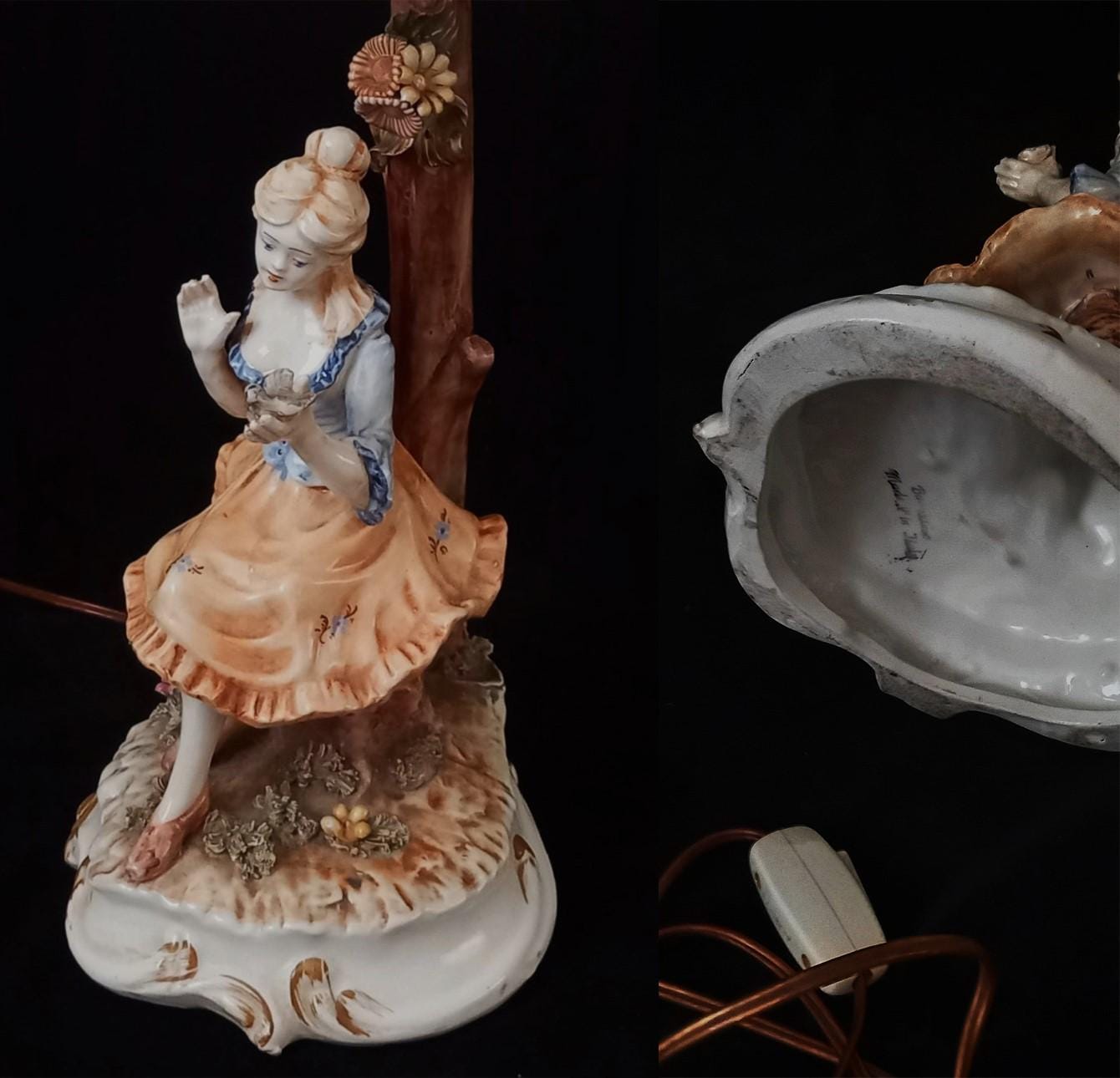 ヴィンテージ 磁器 テーブルランプ BASSANO 彫刻ランプ「少女と鳥