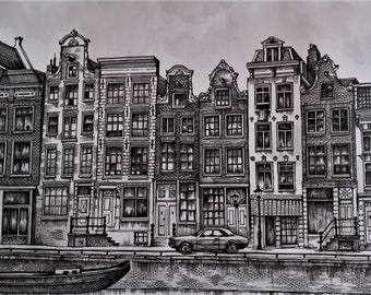 Vintage Graphic Work Drawing of Amsterdam 27cm X 37cm Netherlands