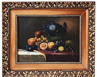 Stary holenderski obraz olejny na drewnie Martwa natura Kwiaty Owoce Winogrona Sztuka holenderska Natura Śmierć z owoców Sygnowane Holandia 1950