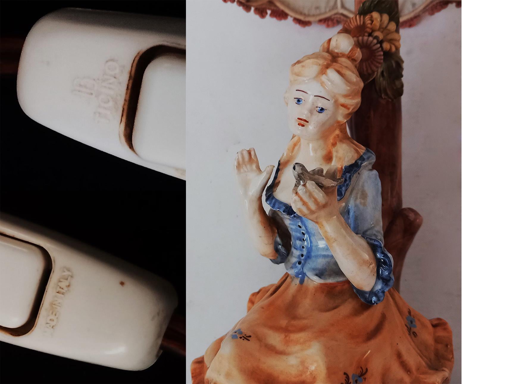 ヴィンテージ磁器製テーブルランプ BASSANO 彫刻ランプ「鳥を抱く少女 