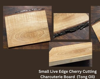 Reclaimed Bark on Live Edge Cherry Charcuterie Chef's Cutting Board Hand Hewn Highland Handmade Tong Oiled single edge bark small