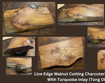 Reclaimed Thick Walnut Live Edge Freeform Charcuterie Chef's Cutting Board with Turquoise Inlay Hand Hewn Highland Handmade Tong Oiled