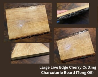 Reclaimed Bark on Live Edge Cherry Charcuterie Chef's Cutting Board Hand Hewn Highland Handmade Tong Oiled