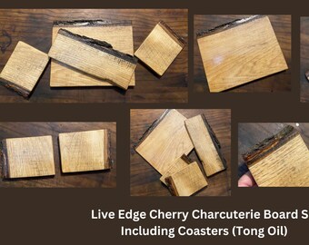 Reclaimed Bark on Live Edge Cherry Charcuterie Chef's Cutting Board Set 5 pieces Hand Hewn Highland Handmade