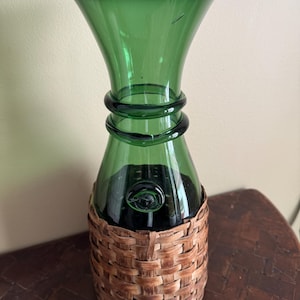 Vintage Green Glass Carafe With Woven Basket Wrapped Bottom